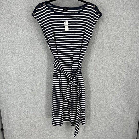 Talbots Dresses & Skirts - Talbots Stripe Belted Knit Shift Dress Size SP Navy Blue White Nautical Slub NEW